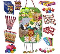 Piñata Cumpleaños Infantil de Animales de la Selva Rellena de Chuches - Decoracion Cumpleaños - Ideal para Fiestas, Comuniones y Bautizos - 60 Chuches, Gominolas y Chupachups y 12 Globos, 46x31 cm.