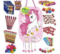 Piñata Cumpleaños Infantil de Unicornio con Chuches de 46x30 cm - Ideal para fiestas de Cumpleaños, Bautizos y Comuniones - Rellena de Caramelos, Chupachups y Globos - Sin Gluten y Sin Lactosa