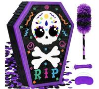 Piñata de ataúd para fiesta de Halloween, diseño de calavera de azúcar del Día de los Muertos, juego de decoración de fiesta espeluznante, incluye murciélago, venda para los ojos y confeti, perfecto