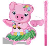 Piñata de cerdo pequeño hawaiano decoración de fiesta rosa cerdo piñata con venda de los ojos confeti para niños verano hawaiano Aloha Temas tropicales Accesorios de fiesta de cumpleaños, 16.5 x 12.4