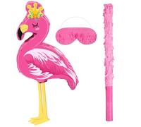Piñata de Flamenco Rosada Suministros de Fiesta Tropical Piñata de Flamenco Hawaiana Pequeña con Venda para Ojos Palo y Confeti para Niños Piscina Luau Decoración Cumpleaños, 41 x 30 x 8 cm