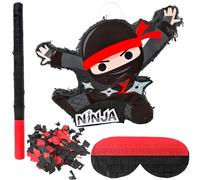 Piñata ninja - Piñata ninja de papel negra con diseño guerrero - Incluye bastón, venda y confeti - perfecto para fiestas de cumpleaños