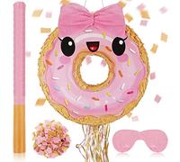 Piñata rosada y caqui de dona con venda de piñata y confeti, piñata para cumpleaños, aniversario, tema de dona, celebración, decoración de fiesta de dona, suministros de fiesta, 15 x 13 pulgadas