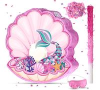 Piñatas de sirena de conchas marinas para fiesta de cumpleaños, piñata temática de mar con palito de piñata, venda para los ojos y confeti para decoración de cumpleaños de sirena