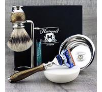 Pincel de pelo de tejón plateado y cartucho de 5 cantos, navaja de afeitar con soporte, cuenco y kit de jabón.