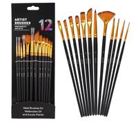 Pinceles Acuarela Profesional,12 Piezas Pinceles Pintura Acrilica,Pincel Acuarela de Nylon con Cuerpo de Madera para Pinturas Acrílicas,Acuarelas,Aceites,Gouaches,Cómodo Agarre,Fácil de Limpiar