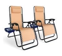 Pincho Tumbona Jardin Exterior Plegable de Gravedad Cero - Pack 2 Sillas Reclinables o Hamacas para Playa, Terraza y Camping con Portavasos, Ligeras y Cómodas (Beige)