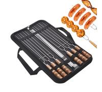 Pinchos de metal para parrilla | 10 piezas palos de barbacoa de metal para pinchos - Utensilios de barbacoa de acero inoxidable con mango de madera largos planos de 30 cm
