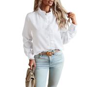Pinclodly Camisa de Manga Larga con Botones para Mujer, Cuello Alto, con Volantes, a Rayas, para el Trabajo, a la Moda, Blanco, Large