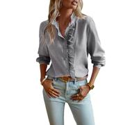 Pinclodly Camisa de Manga Larga con Botones para Mujer, Cuello Alto, con Volantes, a Rayas, para el Trabajo, a la Moda, Negro -, Large