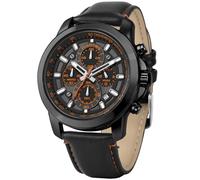 PINDOWS Relojes de pulsera para hombre, analógico, cronógrafo, cuarzo, resistente al agua, para negocios, informal, correa de cuero negro y marrón, Black Case Black Band Orange Face, Moderno