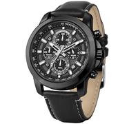 PINDOWS Relojes de pulsera para hombre, analógico, cronógrafo, cuarzo, resistente al agua, para negocios, informal, correa de cuero negro y marrón, Black Case Black Band White Face, Moderno