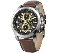 PINDOWS Relojes de pulsera para hombre, analógico, cronógrafo, cuarzo, resistente al agua, para negocios, informal, correa de cuero negro y marrón, Silvery Case Dark Brown Band Gold Face, Moderno