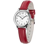 PINDOWS Relojes minimalistas para mujer, caja dorada con correa de cuero negro, a la moda, elegante reloj de cuarzo analógico de vestir, G652n5: rojo plateado, Minimalista clásico
