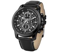 PINDOWS Relojes para hombre, analógico, de cuarzo, cronógrafo, impermeable, para negocios, casual, con correa de cuero negro y marrón, Caja negra, banda negra, cara blanca, Clásico