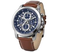 PINDOWS Relojes para hombre, analógico, de cuarzo, cronógrafo, impermeable, para negocios, casual, con correa de cuero negro y marrón, Caja plateada, correa marrón, cara azul, Clásico