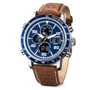 PINDOWS Relojes para hombre, militar, digital, analógico, casual, reloj de pulsera de cuero de doble hora, multifuncional, reloj de moda con retroiluminación LED, alarma, cronómetro, calendario,