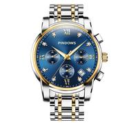 PINDOWS Relojes para hombre, reloj analógico de cuarzo de lujo con fecha, esfera grande, impermeable, reloj de pulsera de negocios, vestido de dos tonos, acero inoxidable, clásico, calendario luminoso
