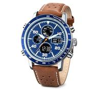 PINDOWS Relojes para hombre, reloj de pulsera militar digital analógico casual de doble hora, de piel, multifunción, con retroiluminación LED, alarma, cronómetro, calendario, verde marronáceo, Moderno