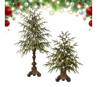 Pine Christmas Tree - Mesa vintage LED verde | Alturas de 30 cm y 46 cm | Juego de 2 piezas de pino preiluminado vintage | Luces LED cálidas, base de bronce envejecido