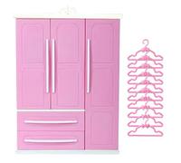 Pineeseatile Armario para muñecas, 3 Puertas, 2 cajones, Armario para casa de muñecas, Muebles para casa de con 10 Perchas para Guardar Ropa de, 7x10x3 Pulgadas