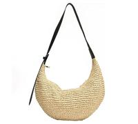 Pineeseatile Bolso de media para mujer, bandolera de playa con bola de masa, 15 x 13 x 0, 3 pulgadas, para vacaciones, viajes, vocación, beige, bolso de hombro informal de paja con correa ajustable