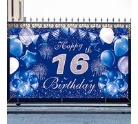 Pinenuts Cartel de telón de fondo de cumpleaños número 16, color azul, de tela grande, para fotos de cumpleaños, 1,1 x 1,9 m