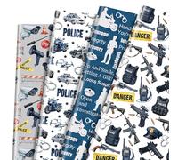 Pineraap Papel de regalo de policía de 12 hojas, coche de policía, equipo con cinta de precaución, papel de embalaje de regalo de diseño para cumpleaños, fiesta de niños, 20 x 28 pulgadas