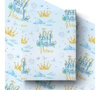 Pineraap Rollo de papel de regalo de príncipe, papel de regalo de castillo azul, papel de embalaje de regalo del castillo del príncipe con corona para cumpleaños, baby shower, fiesta, niños, 17