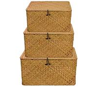 PINGEUI Juego de 3 cestas de almacenamiento de hierba marina, caja de almacenamiento tejida de ratán con tapa y botón, cesta rectangular de pasto marino, maquillaje, pequeño/mediano/grande