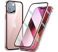 PingGoo Magnética Carcasa para iPhone 13 Mini, Protección Completa de 360° Cover, Parachoques de Metal Case con Parte Delantera y Trasera Transparente de Vidrio Templado 9H, Rosado
