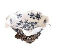 PINGSHI Boutique UK Blue and White Peony Fruit Plate,Creative Ceramic Tray with Resin Base,Candy Dishes,Party Snacks Platters for Table Decoration