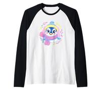 Pingüino Azul Invierno Retrato Amante gráfico Amarillo Rosa Bufanda Camiseta Manga Raglan
