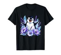 Pingüino bebé Kawaii con Cristales de Flores moradas Camiseta