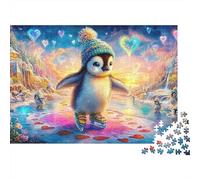 Pingüino Patinaje sobre Hielo con Corazones Puzzle De 1000 Piezas Lindo pingüino Ideal para Hombres, Mujeres, Niños Y Ancianos 52x38cm/1000pcs