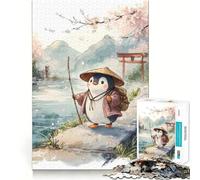 Pingüino Viajero en Paisaje japonés Rompecabezas para Adolescentes 1000 Piezas Wise Think Toy Leisure Fun Clear Cut Wall Art Decor (38x26cm)