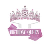 (Pink)1 Set Etiquette Belt Set Letter Printed Long Ribbon Rhinestone Inlay Queen Crown Two-piece Set
