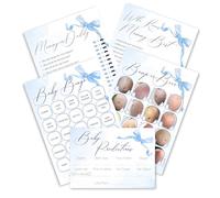 Pink Bee Paquete de juegos de baby shower, bonito tema de lazo azul, bingo de bebé, predicciones de bebé, quién conoce mejor a mamá, papá o mamá y vientre de cerveza, 5 juegos divertidos para 20