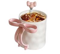Pink Bow Coffee Mug - Coffee Mug with Stirring Spoon | Ceramic Hot Chocolate Cup | Ribbon Bow Handle Mugs with Côffee Spoon Ceramic Cup | Cute Côffee Mugs for Holiday Gatherings, Family Dinners