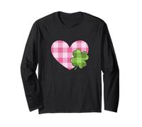 Pink Buffalo Plaid Heart For St. Paddys Day Green Shamrock Manga Larga