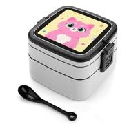 Pink Cat Bento Box 1000ml Leak Proof Lunch Container with Removable Dividers & Spoon - BPA-Free PP Stackable Lunch Box for Work, Office, Picnic, Travel, Dining Out