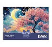 Pink Cherry Blossom Tree with Moon 1000 Stück Premium-Karton Puzzle Cherry Blossom Tree Lebendige Bilder Familienspiel Puzzles Als Wohnaccessoires 52x38cm/1000pcs