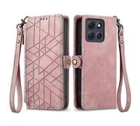 (Pink) Compatible For Motorola Moto G86 Power 5G Case Zipper Wallet Geometry Lines Leather Phone Cover with Strap