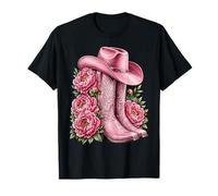 Pink Cowgirl Boots Hat Floral Western Flowers Women Camiseta