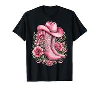 Pink Cowgirl Boots Hat Floral Western Flowers Women Camiseta