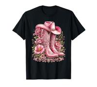 Pink Cowgirl Boots Hat Floral Western Flowers Women Camiseta