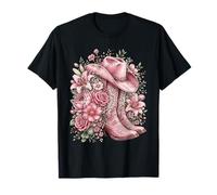 Pink Cowgirl Boots Hat Floral Western Flowers Women Camiseta