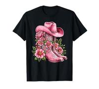 Pink Cowgirl Boots Hat Floral Western Flowers Women Camiseta