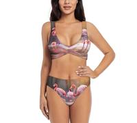 Pink Flamingo in Water Prinrt - Bikini para mujer, cuello en V, 2 piezas, traje de baño para playa y verano, Negro, S