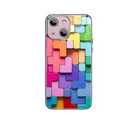 (Pink)For Iphone 14 Colorful Toy Bricks Pattern Shockproof Glass Phone Case